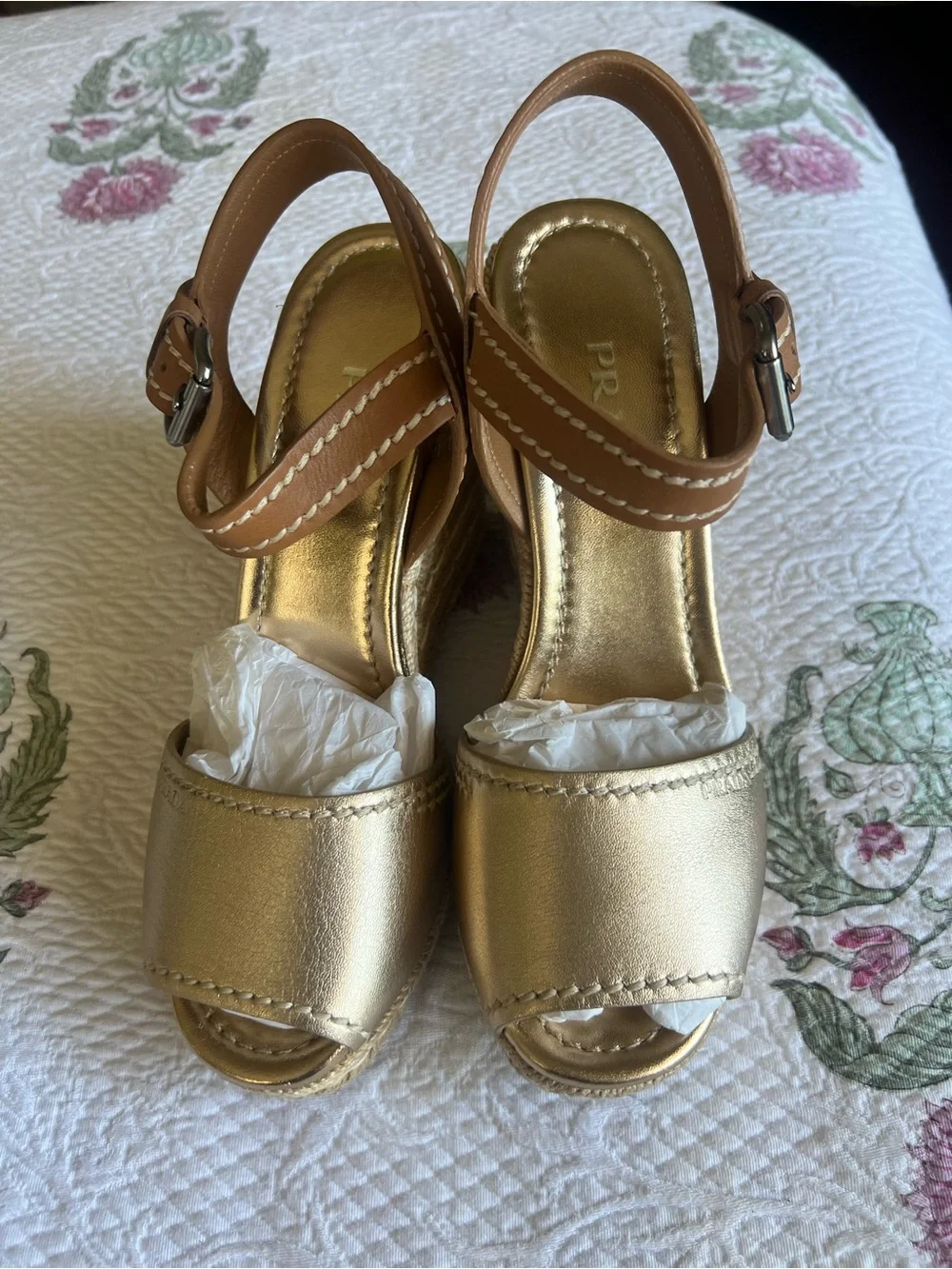 Prada Metallic Gold and Tan Leather Wedge Sandals